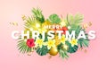 Christmas in July typography design with tropical palm leaves and flowers. Summer vector background. Royalty Free Stock Photo