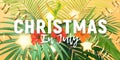 Christmas in July typography design with tropical palm leaves and hibiscus flowers. Summer vector background. Royalty Free Stock Photo