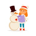 Christmas kid girl vector character playing winter games winter children holidays christmas snowman cartoon new year Royalty Free Stock Photo