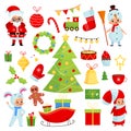 Christmas kids. Cute new year characters, traditional decor elements, children holiday party. Santa and snowman, xmas Royalty Free Stock Photo