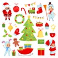 Christmas kids. Cute new year characters, traditional decor elements, children holiday party. Santa and snowman, xmas tree with Royalty Free Stock Photo