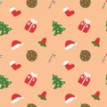 Christmas kids pattern. Winter holiday wallpaper. Seamless texture for the New Year. Santa`s boot and hats. Christmas tree, bag,