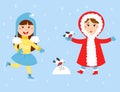 Christmas kids playing winter games children snowballs cartoon new year holidays vector characters illustration.