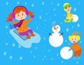 Christmas kids playing winter games children snowballs cartoon new year holidays vector characters illustration. Royalty Free Stock Photo