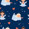 Christmas kids seamless pattern. Cute angel girls with trumpet and heart on blue background with snowflakes. Vector Royalty Free Stock Photo