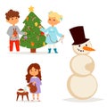 Christmas kids vector character playing winter games winter children holidays christmas tree cartoon new year xmas kid Royalty Free Stock Photo