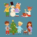 Christmas kids vector character playing winter games winter children holidays christmas tree cartoon new year xmas kid Royalty Free Stock Photo