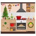 Christmas kitchen interior. Christmas decorations and treats. Vector illustration Royalty Free Stock Photo