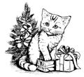 Christmas Kitten with Christmas Tree and Gifts Hand Drawn Sketch Vector