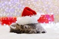 Christmas kittens, wearing Santa Claus hat sleeping on white plaid with blurry lights. Adorable little kittens, tabby kitten, Royalty Free Stock Photo