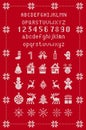 Christmas knit font and design elements. Fairisle ornament with type, snowflake, deer, bell, tree, snowman, gift box