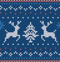 Christmas knit geometric print with deer in blue colors. Knitted seamless texture. Vector illustration Royalty Free Stock Photo