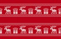 Christmas Knit Seamless Pattern With Deers And Gift Box. Red Print. Knitted Sweater Background. Xmas Geometric Texture