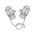 Christmas knitted mittens. Hand drawn doodle style. Vector illustration isolated on white. Coloring page. Royalty Free Stock Photo
