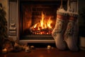 Christmas knitted socks hanging next to fireplace with burning fire.