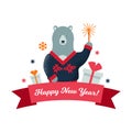 Christmas label with a cute polar bear and presents. Vector illustration. Christmas design. Happy New Year