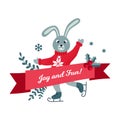 Christmas label with a cute skating hare. Vector illustration. Christmas design. Merry and Bright