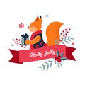 Christmas label with a cute squirrel. Vector illustration. Christmas design. Holly Jolly