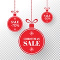 Christmas label. Red xmas balls with sign sale, special offer. Merry Christmas and New Year balls sale. Holiday design Royalty Free Stock Photo