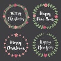 Christmas Labels and Badges. Set of floral wreath frame for Merry Christmas and Happy New Year invitations, birthday