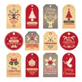 Christmas labels. Holiday tags and badges with funny winter new year elements and vector snow illustrations Royalty Free Stock Photo