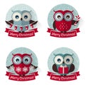 Christmas labels with owls and ribbons. Vector set. Royalty Free Stock Photo