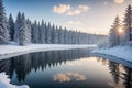 Christmas lace. A small winter river and frosted trees, lit by the morning sun Royalty Free Stock Photo