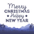 Christmas landscape background with falling snow, forest silhouette, mountains, and letters