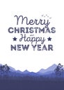 Christmas landscape background with falling snow, forest silhouette, mountains, and letters