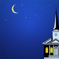 Christmas landscape with Church Spire, moon and stars