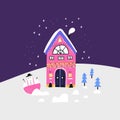 Christmas landscape with house flat vector illustration Royalty Free Stock Photo