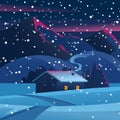 Landscape house in winter forest. Night landscape with mountains and a lonely hut. Vector of winter landscape Royalty Free Stock Photo