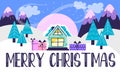 Christmas landscape with inscription Merry Christmas on background of mountains, trees and houses in a Scandinavian flat Royalty Free Stock Photo