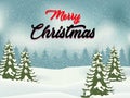 Christmas Landscape Postcard/ Illustration of a round with snowy christmas landscape background, firs, banner and wishes for winte