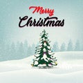 Christmas Landscape Postcard/ Illustration of a round with snowy christmas landscape background, firs, banner and wishes for winte