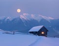 Christmas landscape with a snowy house in the mountains on a moonlit night