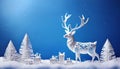 Christmas landscape with white deer cut out of paper, gifts and fir trees