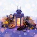 Christmas lantern on blue violet background with fir branch, holiday decor and garland. Square concept with copy space Royalty Free Stock Photo