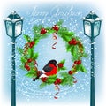 Christmas lantern and bullfinch on wreath Royalty Free Stock Photo