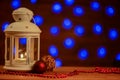 Christmas lantern with burning candle background Royalty Free Stock Photo