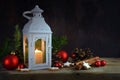 Christmas lantern with burning candle light and decoration like Royalty Free Stock Photo