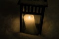 Christmas Lantern with burning candle on Snow Evening Scene Royalty Free Stock Photo