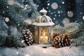 Christmas lantern with burning candle on winter background with falling snow. Generative AI Royalty Free Stock Photo