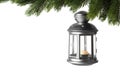Christmas lantern with candle hanging on snowy fir tree branch against white background Royalty Free Stock Photo