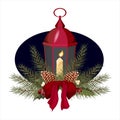 Christmas lantern with a candle. The lamp is decorated with fir branches, cones, mistletoe, holly and a large red bow. Royalty Free Stock Photo