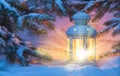 Christmas lantern with candle light and snow