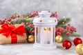 Christmas lantern with Christmas tree branch. Royalty Free Stock Photo
