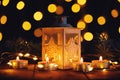 Christmas lantern with four candles on a wooden board Royalty Free Stock Photo