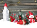 Christmas lantern decoration winter berries and snow on wooden b Royalty Free Stock Photo