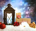 Christmas lantern with ornaments and presents Royalty Free Stock Photo